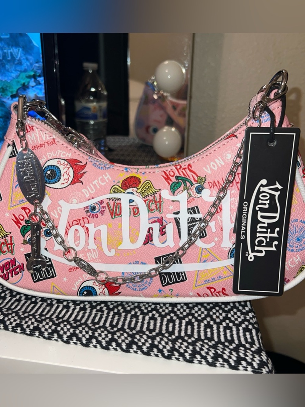 Von Dutch Pink Graphic Chain Shoulder Bag with Silver Hardware
